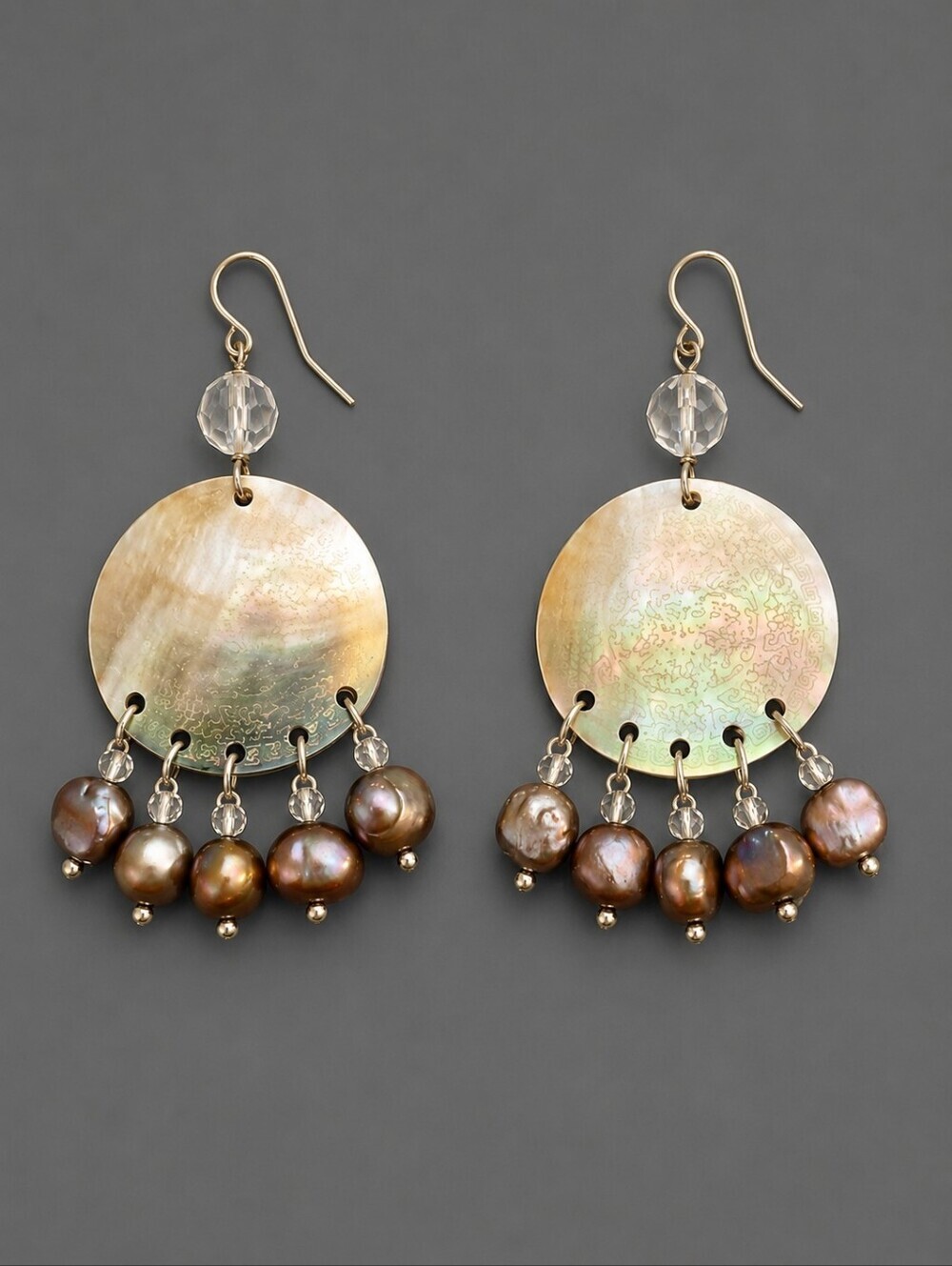 Vintage Abalone Shell Freshwater Pearl Chandalier Festival Dangle Hook Earrings